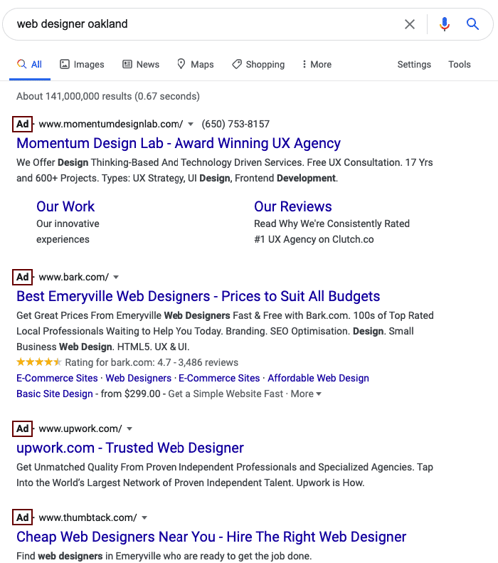 Google Local Search Paid Ads example.